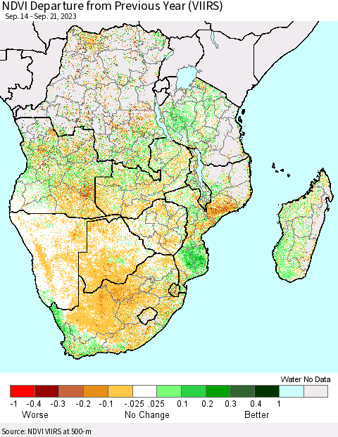 Southern Africa NDVI Departure from Previous Year (VIIRS) Thematic Map For 9/14/2023 - 9/21/2023