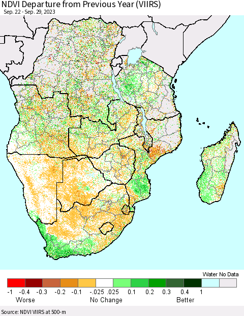 Southern Africa NDVI Departure from Previous Year (VIIRS) Thematic Map For 9/22/2023 - 9/29/2023