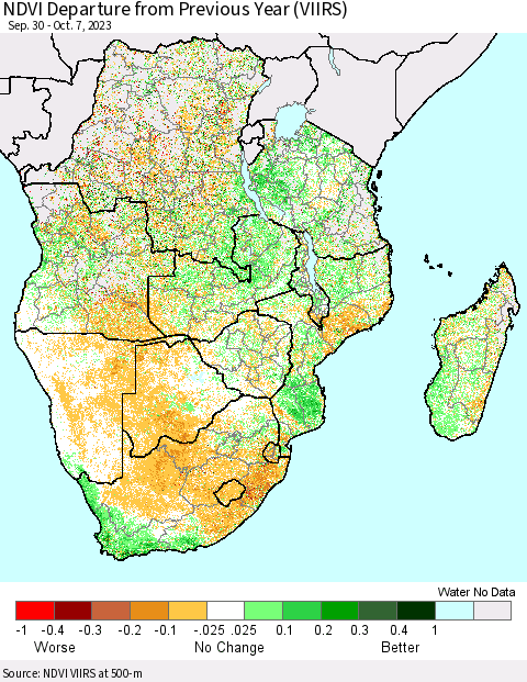 Southern Africa NDVI Departure from Previous Year (VIIRS) Thematic Map For 9/30/2023 - 10/7/2023