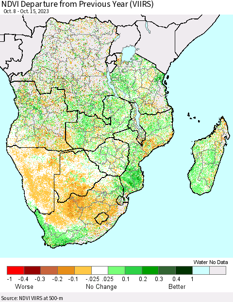 Southern Africa NDVI Departure from Previous Year (VIIRS) Thematic Map For 10/8/2023 - 10/15/2023
