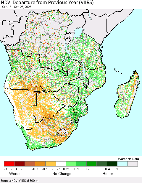 Southern Africa NDVI Departure from Previous Year (VIIRS) Thematic Map For 10/16/2023 - 10/23/2023