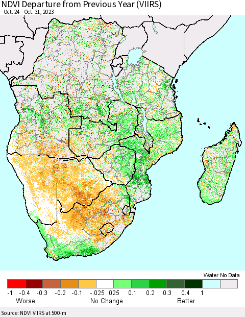 Southern Africa NDVI Departure from Previous Year (VIIRS) Thematic Map For 10/24/2023 - 10/31/2023