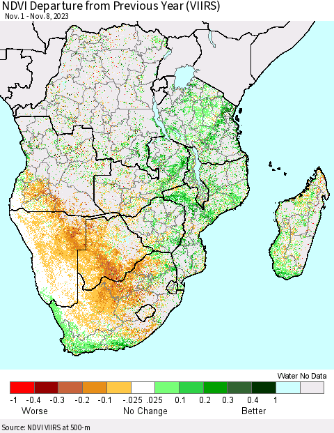 Southern Africa NDVI Departure from Previous Year (VIIRS) Thematic Map For 11/1/2023 - 11/8/2023