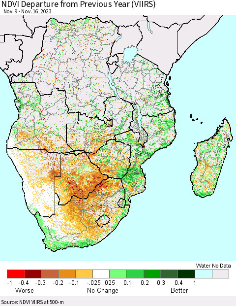 Southern Africa NDVI Departure from Previous Year (VIIRS) Thematic Map For 11/9/2023 - 11/16/2023