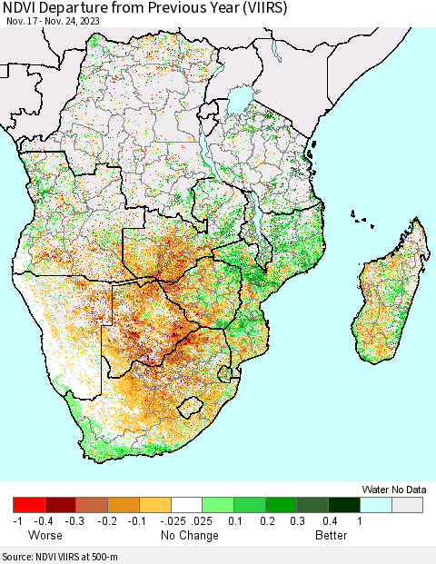Southern Africa NDVI Departure from Previous Year (VIIRS) Thematic Map For 11/17/2023 - 11/24/2023