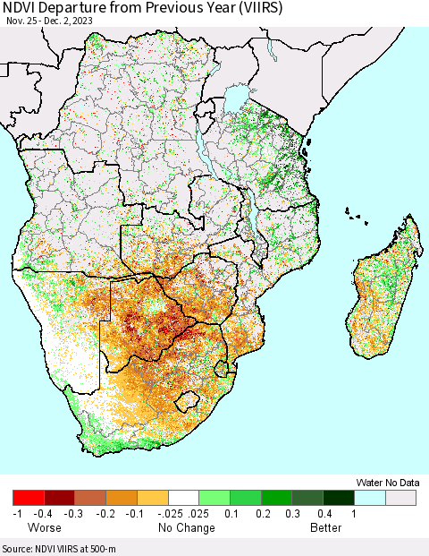 Southern Africa NDVI Departure from Previous Year (VIIRS) Thematic Map For 11/25/2023 - 12/2/2023