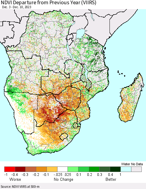 Southern Africa NDVI Departure from Previous Year (VIIRS) Thematic Map For 12/3/2023 - 12/10/2023