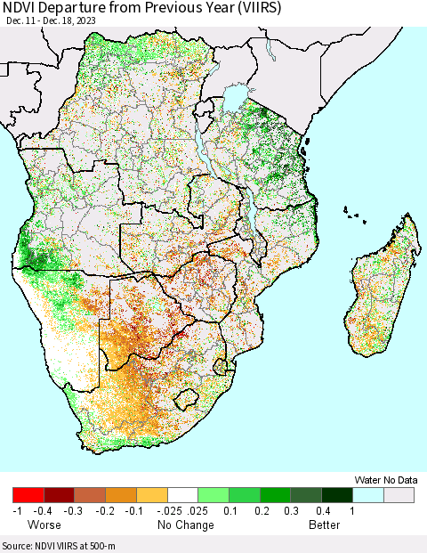 Southern Africa NDVI Departure from Previous Year (VIIRS) Thematic Map For 12/11/2023 - 12/18/2023