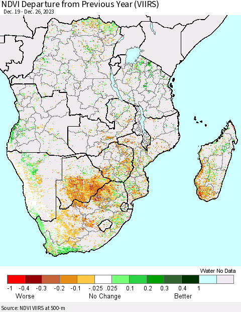 Southern Africa NDVI Departure from Previous Year (VIIRS) Thematic Map For 12/19/2023 - 12/26/2023