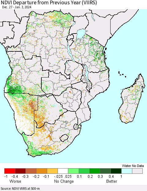 Southern Africa NDVI Departure from Previous Year (VIIRS) Thematic Map For 12/27/2023 - 1/3/2024