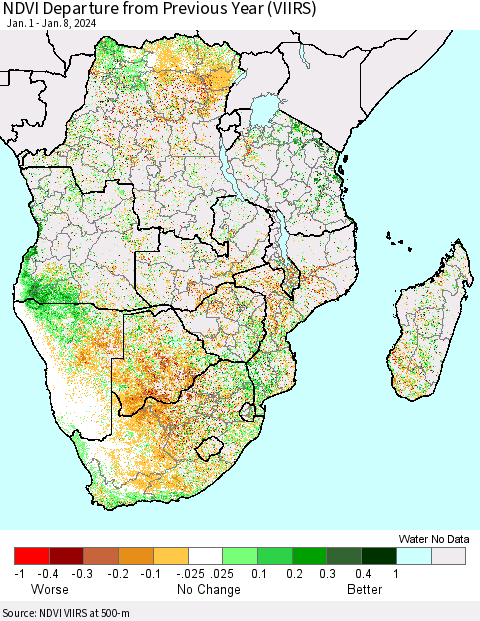 Southern Africa NDVI Departure from Previous Year (VIIRS) Thematic Map For 1/1/2024 - 1/8/2024