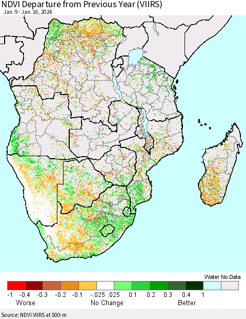 Southern Africa NDVI Departure from Previous Year (VIIRS) Thematic Map For 1/9/2024 - 1/16/2024