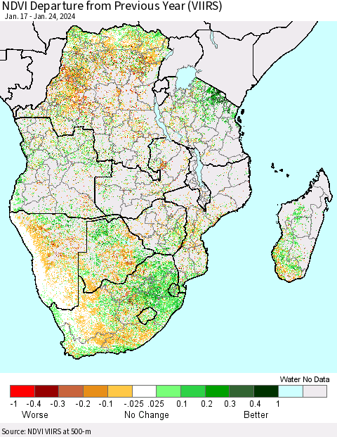 Southern Africa NDVI Departure from Previous Year (VIIRS) Thematic Map For 1/17/2024 - 1/24/2024