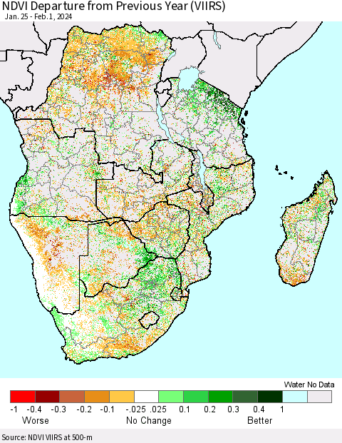 Southern Africa NDVI Departure from Previous Year (VIIRS) Thematic Map For 1/25/2024 - 2/1/2024