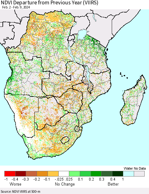 Southern Africa NDVI Departure from Previous Year (VIIRS) Thematic Map For 2/2/2024 - 2/9/2024