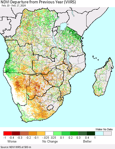 Southern Africa NDVI Departure from Previous Year (VIIRS) Thematic Map For 2/10/2024 - 2/17/2024