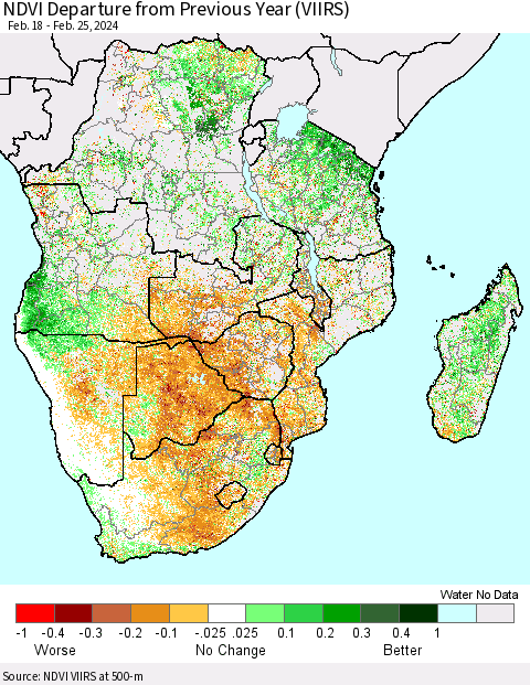 Southern Africa NDVI Departure from Previous Year (VIIRS) Thematic Map For 2/18/2024 - 2/25/2024