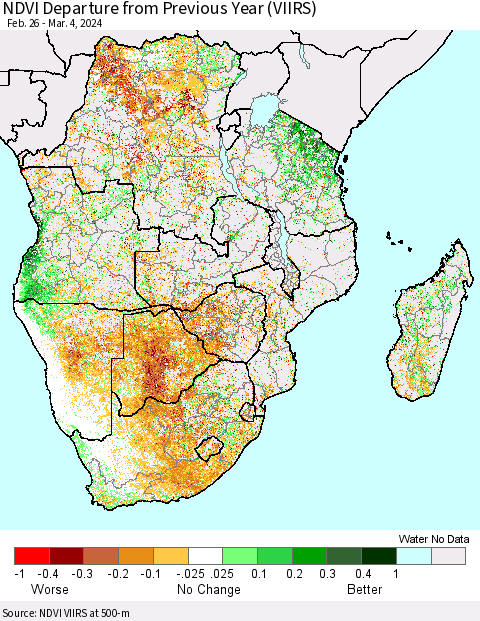 Southern Africa NDVI Departure from Previous Year (VIIRS) Thematic Map For 2/26/2024 - 3/4/2024