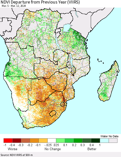 Southern Africa NDVI Departure from Previous Year (VIIRS) Thematic Map For 3/5/2024 - 3/12/2024