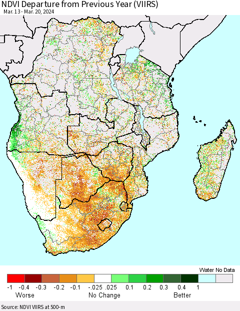 Southern Africa NDVI Departure from Previous Year (VIIRS) Thematic Map For 3/13/2024 - 3/20/2024