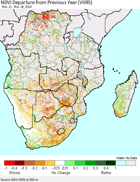 Southern Africa NDVI Departure from Previous Year (VIIRS) Thematic Map For 3/21/2024 - 3/28/2024