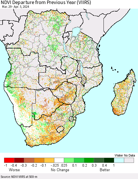 Southern Africa NDVI Departure from Previous Year (VIIRS) Thematic Map For 3/29/2024 - 4/5/2024