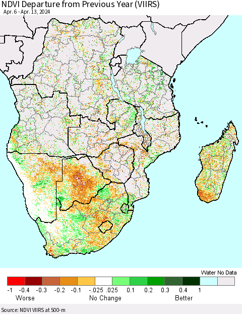 Southern Africa NDVI Departure from Previous Year (VIIRS) Thematic Map For 4/6/2024 - 4/13/2024