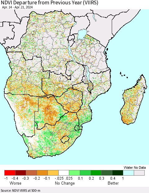 Southern Africa NDVI Departure from Previous Year (VIIRS) Thematic Map For 4/14/2024 - 4/21/2024