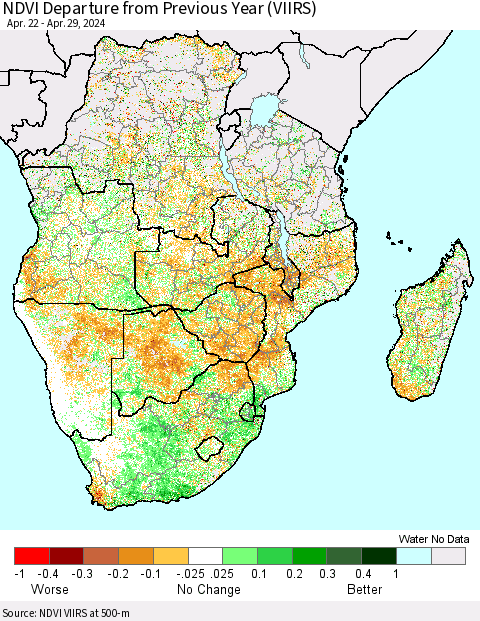 Southern Africa NDVI Departure from Previous Year (VIIRS) Thematic Map For 4/22/2024 - 4/29/2024