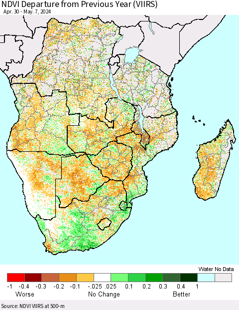 Southern Africa NDVI Departure from Previous Year (VIIRS) Thematic Map For 4/30/2024 - 5/7/2024