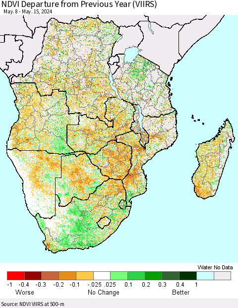 Southern Africa NDVI Departure from Previous Year (VIIRS) Thematic Map For 5/8/2024 - 5/15/2024