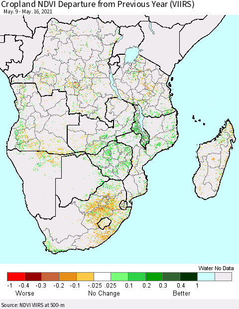 Southern Africa Cropland NDVI Departure from Previous Year (VIIRS) Thematic Map For 5/9/2021 - 5/16/2021