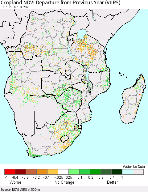 Southern Africa Cropland NDVI Departure from Previous Year (VIIRS) Thematic Map For 6/2/2021 - 6/9/2021