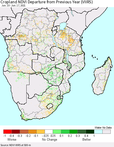 Southern Africa Cropland NDVI Departure from Previous Year (VIIRS) Thematic Map For 6/10/2021 - 6/17/2021