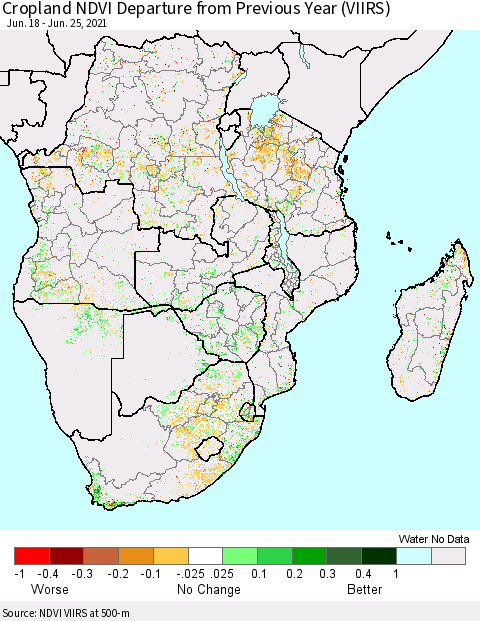 Southern Africa Cropland NDVI Departure from Previous Year (VIIRS) Thematic Map For 6/18/2021 - 6/25/2021