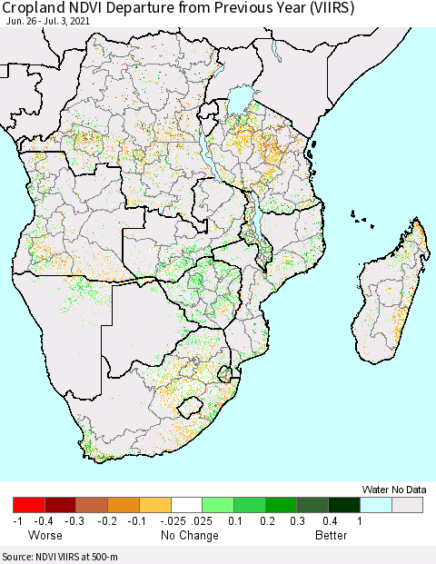 Southern Africa Cropland NDVI Departure from Previous Year (VIIRS) Thematic Map For 6/26/2021 - 7/3/2021