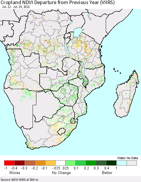Southern Africa Cropland NDVI Departure from Previous Year (VIIRS) Thematic Map For 7/12/2021 - 7/19/2021