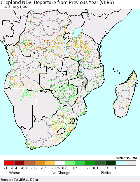 Southern Africa Cropland NDVI Departure from Previous Year (VIIRS) Thematic Map For 7/28/2021 - 8/4/2021