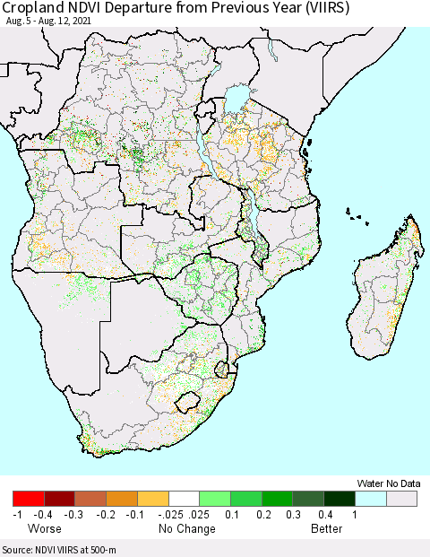 Southern Africa Cropland NDVI Departure from Previous Year (VIIRS) Thematic Map For 8/5/2021 - 8/12/2021