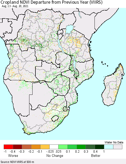 Southern Africa Cropland NDVI Departure from Previous Year (VIIRS) Thematic Map For 8/13/2021 - 8/20/2021
