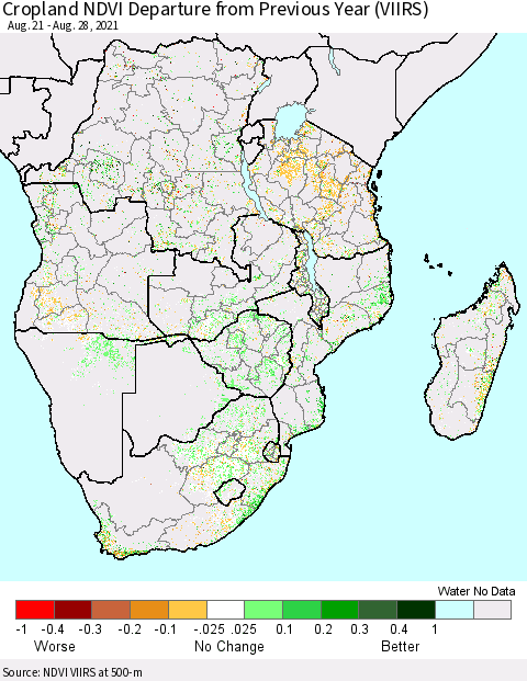 Southern Africa Cropland NDVI Departure from Previous Year (VIIRS) Thematic Map For 8/21/2021 - 8/28/2021