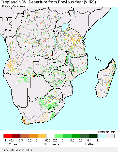 Southern Africa Cropland NDVI Departure from Previous Year (VIIRS) Thematic Map For 9/30/2021 - 10/7/2021