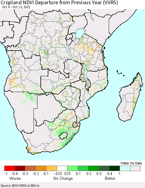Southern Africa Cropland NDVI Departure from Previous Year (VIIRS) Thematic Map For 10/8/2021 - 10/15/2021