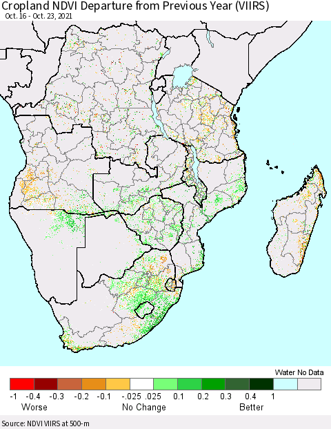 Southern Africa Cropland NDVI Departure from Previous Year (VIIRS) Thematic Map For 10/16/2021 - 10/23/2021