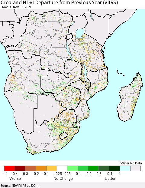 Southern Africa Cropland NDVI Departure from Previous Year (VIIRS) Thematic Map For 11/9/2021 - 11/16/2021