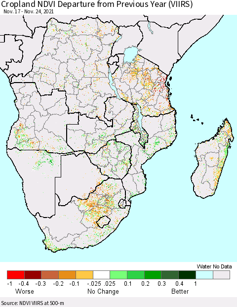 Southern Africa Cropland NDVI Departure from Previous Year (VIIRS) Thematic Map For 11/17/2021 - 11/24/2021