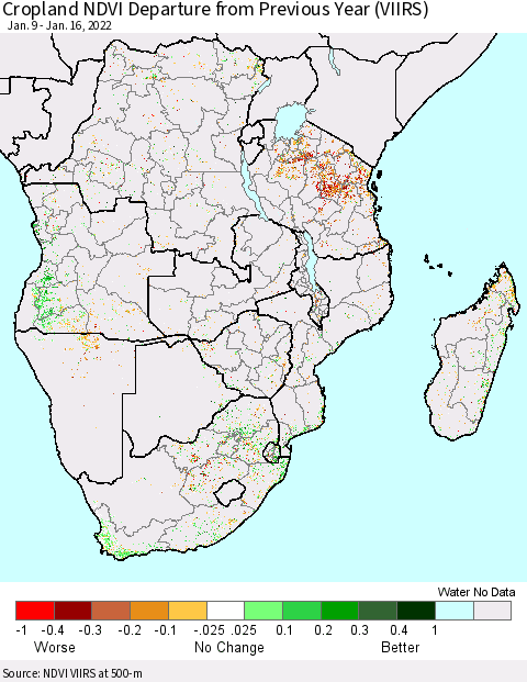 Southern Africa Cropland NDVI Departure from Previous Year (VIIRS) Thematic Map For 1/9/2022 - 1/16/2022