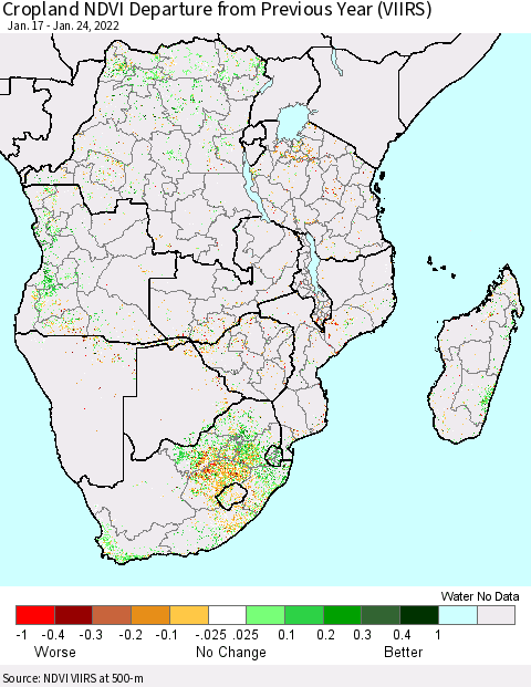 Southern Africa Cropland NDVI Departure from Previous Year (VIIRS) Thematic Map For 1/17/2022 - 1/24/2022