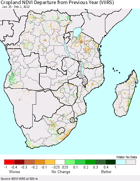Southern Africa Cropland NDVI Departure from Previous Year (VIIRS) Thematic Map For 1/25/2022 - 2/1/2022