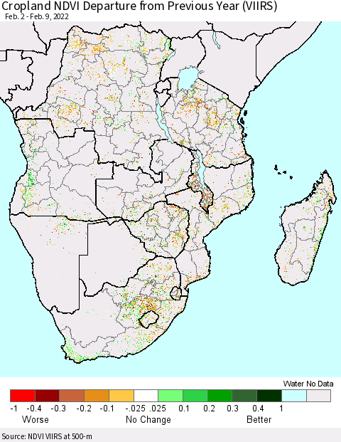 Southern Africa Cropland NDVI Departure from Previous Year (VIIRS) Thematic Map For 2/2/2022 - 2/9/2022